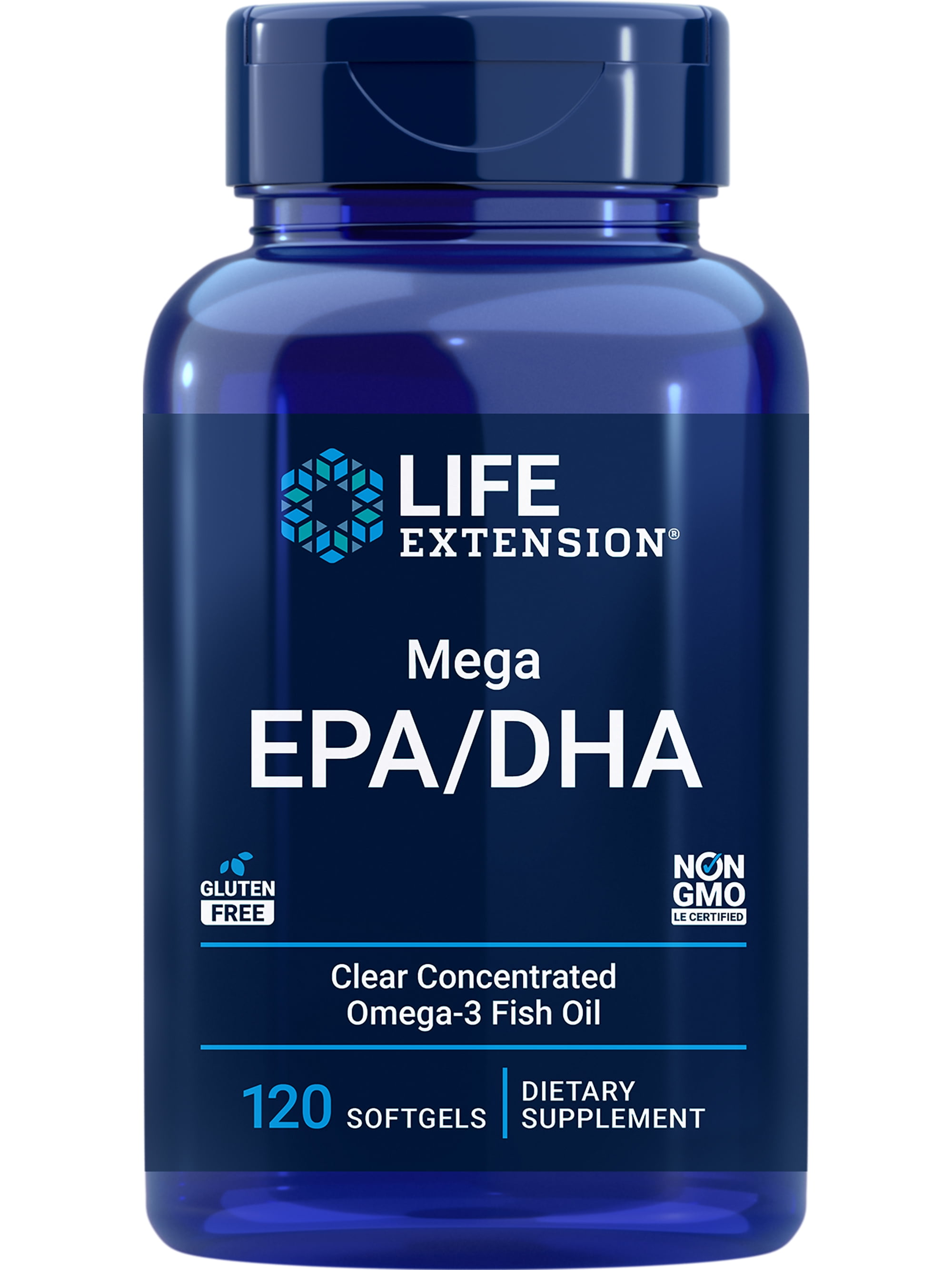 Life Extension Mega EPA/DHA, omega-3 fatty acids, heart & brain health, inflammation health support, non-GMO, gluten-free, 120 softgels