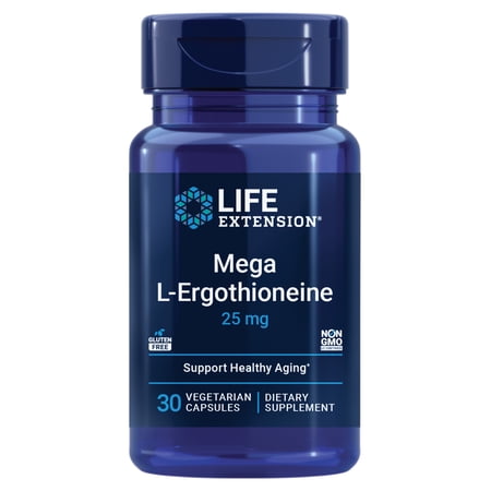 Life Extension Mega L-Ergothioneine, healthy aging amino acid, antioxidant, powerful 25 mg dose, L-ergothioneine, gluten-free, non-GMO, vegetarian, 30 capsules