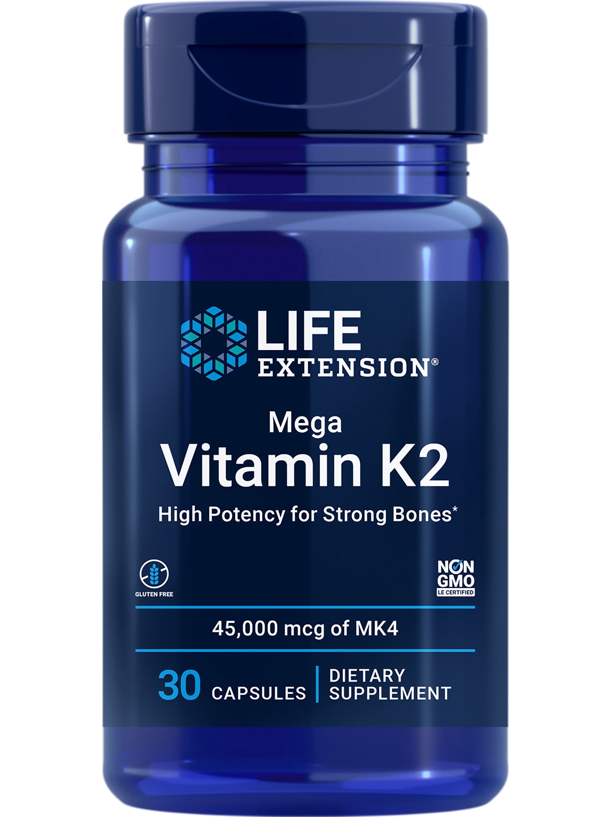 Life Extension Mega Vitamin K2 High Potency for Strong Bones, clinically studied 45 mg K2 dosage, promotes healthy bone density, gluten-free, non-GMO, 30 capsules