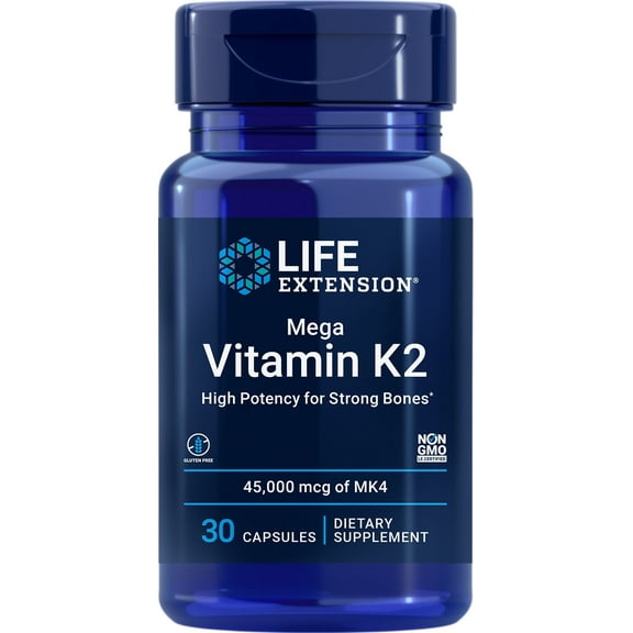 Life Extension Mega Vitamin K2 High Potency for Strong Bones, clinically studied 45 mg K2 dosage, promotes healthy bone density, gluten-free, non-GMO, 30 capsules
