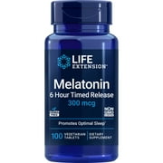 Life Extension Melatonin 6 Hour Timed Release, 300 mcg, extended-release formula for gentle sleep support, healthy circadian rhythms, cellular defense, gluten-free, non-GMO, vegetarian, 100 tablets