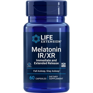 Life Extension Melatonin IR/XR - Immediate & Extended-Release - Up to 7 Hours Sleep Support, Regular/Healthy Sleep Patterns - Gluten-Free, Non-GMO - 60 Capsules