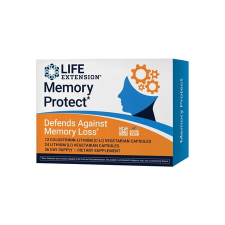 Life Extension Memory Protect, lithium, colostrinin milk peptides, memory health support, cognitive health support, gluten-free, 12 colostrinin-lithium (C-Li) capsules, 24 lithium (Li) capsules