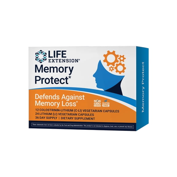 Life Extension Memory Protect, lithium, colostrinin milk peptides, memory health support, cognitive health support, gluten-free, 12 colostrinin-lithium (C-Li) capsules, 24 lithium (Li) capsules