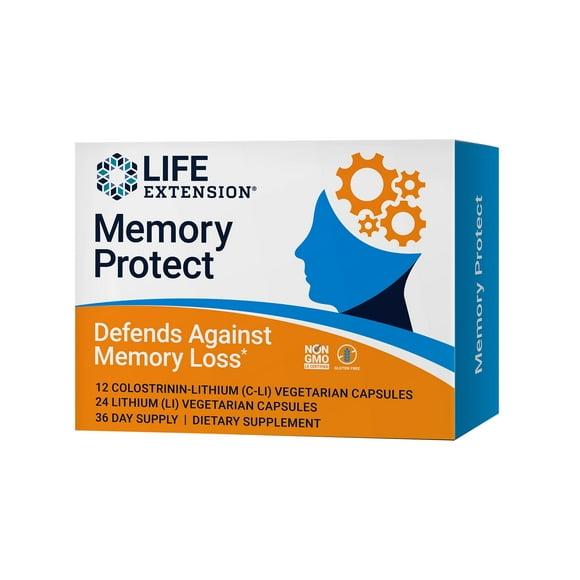 Life Extension Memory Protect, lithium, colostrinin milk peptides, memory health support, cognitive health support, gluten-free, 12 colostrinin-lithium (C-Li) capsules, 24 lithium (Li) capsules