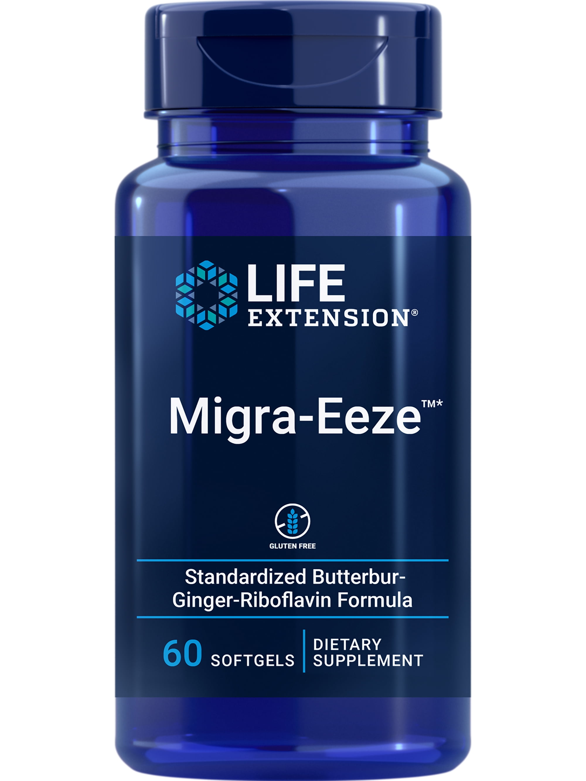 Life Extension Migra-Eeze™, helps relieve general head discomfort, butterbur, ginger, riboflavin, gluten-free, 60 softgels