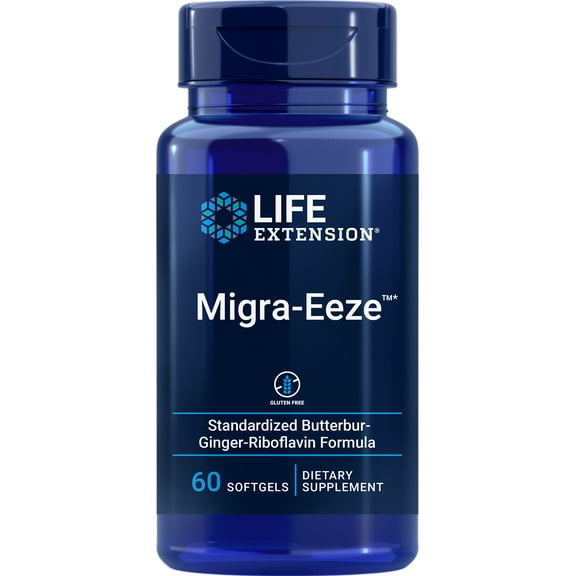 Life Extension Migra-Eeze, helps relieve general head discomfort, butterbur, ginger, riboflavin, gluten-free, 60 softgels