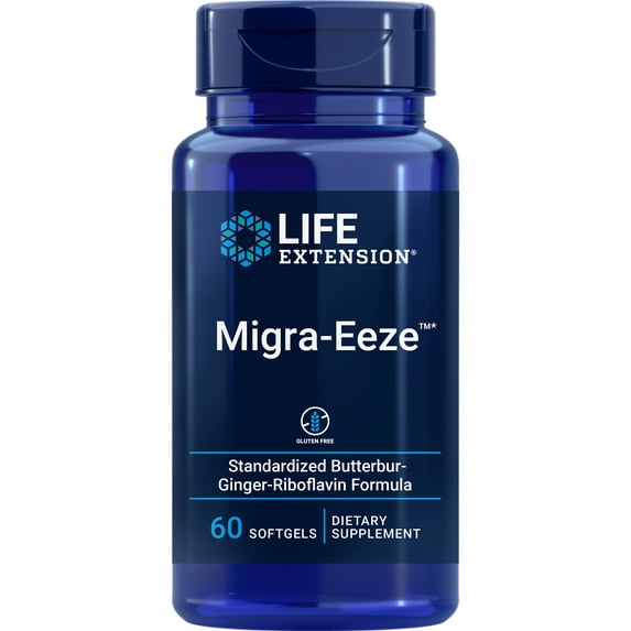 Life Extension Migra-Eeze™, helps relieve general head discomfort, butterbur, ginger, riboflavin, gluten-free, 60 softgels
