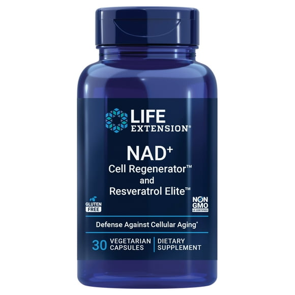 Life Extension NAD+ Cell Regenerator and Resveratrol Elite, nicotinamide riboside, NR, trans-resveratrol, quercetin, fisetin, vegetarian, non-GMO, gluten free, 30 capsules