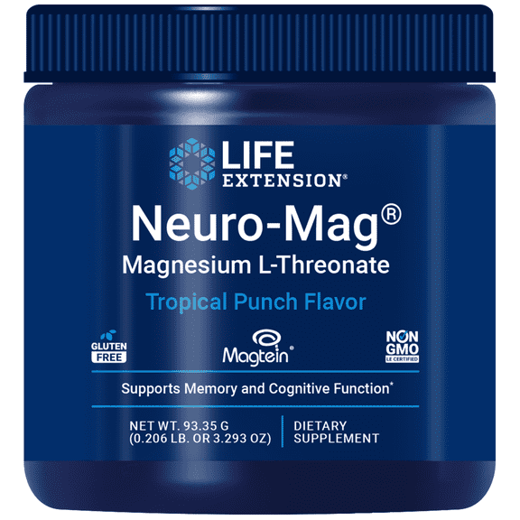 Life Extension Neuro-Mag Magnesium L-Threonate (Tropical Punch), powder mix for memory, recall speed, cognitive health, gluten-free, non-GMO, vegetarian, 93.35 grams