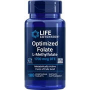 Life Extension Optimized Folate L-Methylfolate 5-MTHF 1,700 mcg DFE, 180 Vegetarian Tablets