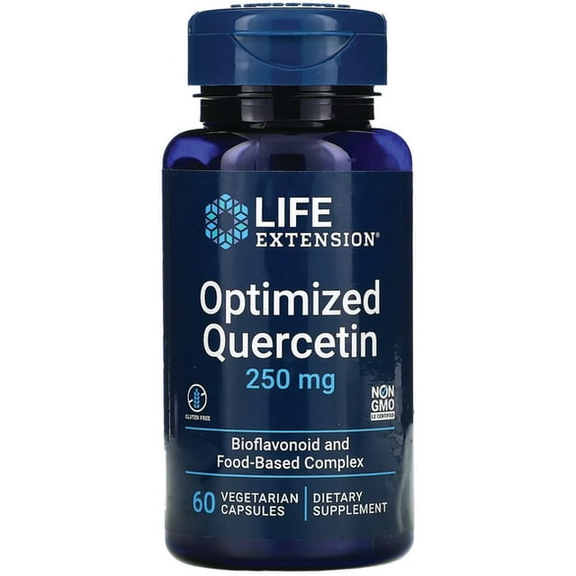 Life Extension Optimized Quercetin, 250 mg quercetin, 30 mg vitamin C, bioflavonoid food blend, immune support, cholesterol health support, gluten-free, non-GMO, vegetarian, 60 capsules
