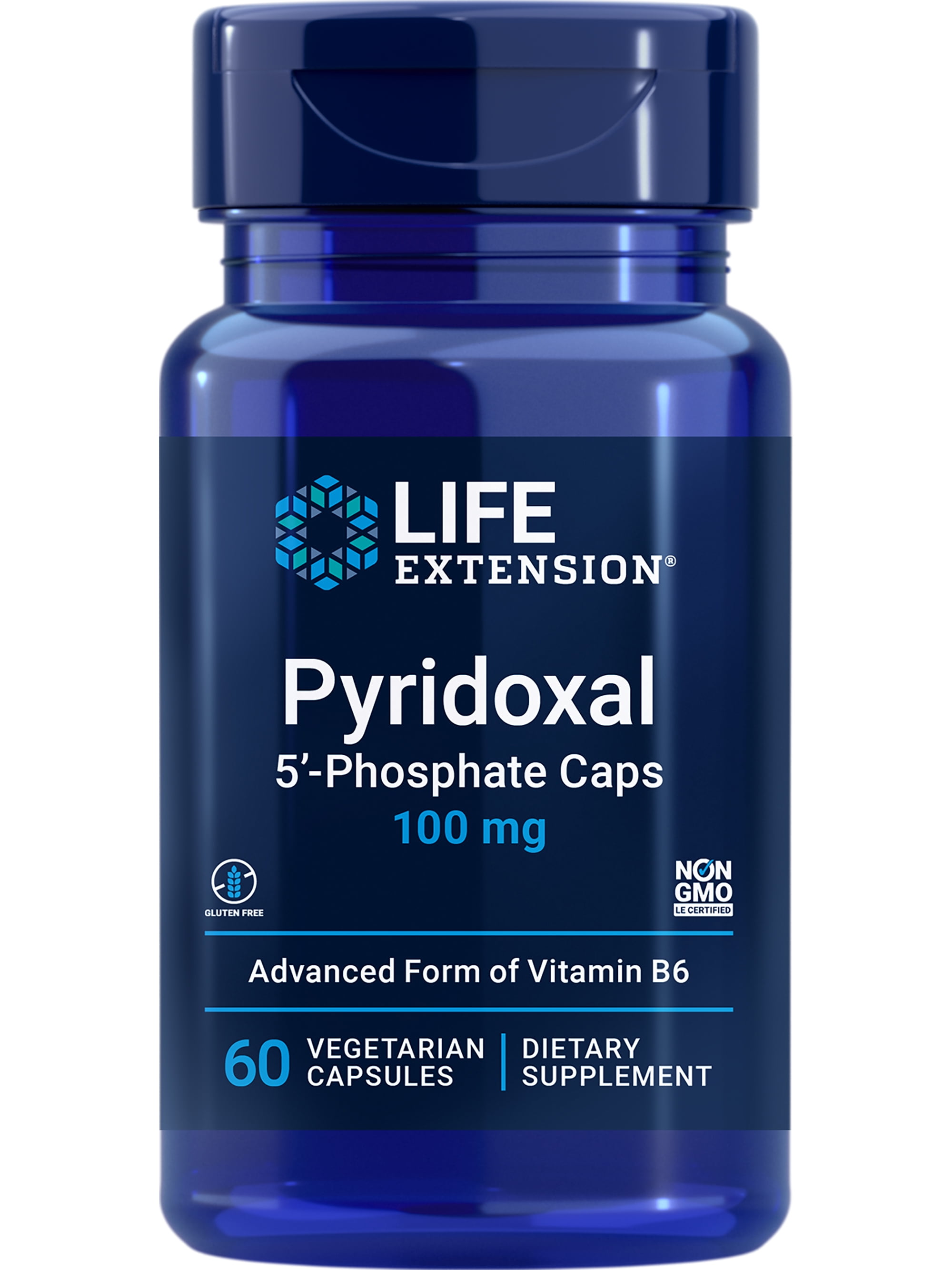 Life Extension Pyridoxal 5'-Phosphate Caps - Vitamin B6, 100 mg, bioactive B6 for cardiovascular, kidney & nerve health - Gluten-Free, Non-GMO, Vegetarian - 60 Capsules