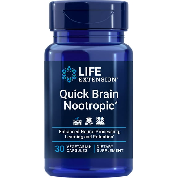 Life Extension Quick Brain Nootropic, fast thinking, learning, concentration, lutein, zeaxanthin, gotu kola, bacopa, gluten free, non-GMO, vegetarian, 1 daily, 30 capsules