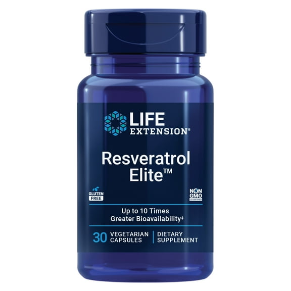 Life Extension Resveratrol Elite, trans-resveratrol, healthy aging, cardiovascular health, brain health, oxidative stress, gluten-free, non-GMO, vegetarian, 30 capsules