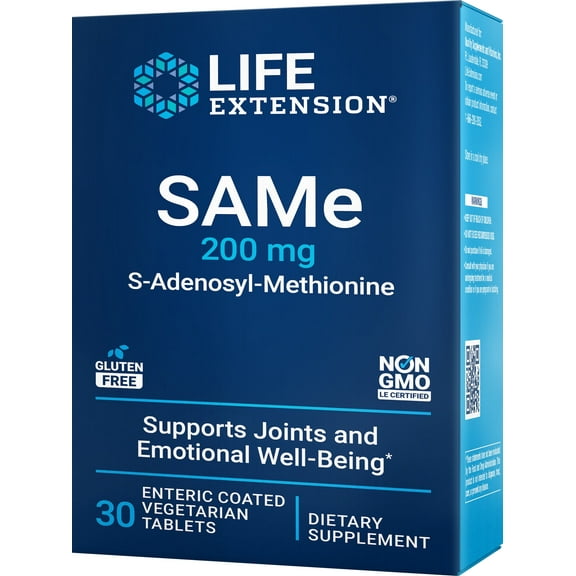 Life Extension SAMe, 200 mg - Promotes mood, liver and joint health - Gluten-Free, Non-GMO - 30 Enteric-Coated Vegetarian Tablets