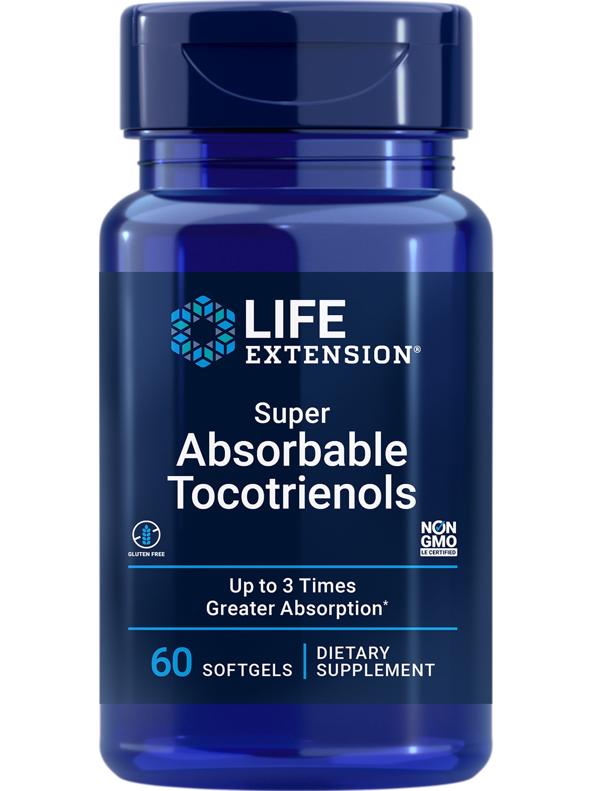 Life Extension Super Absorbable Tocotrienols, vitamin E as D-alpha tocopherol, mixed tocotrienols, supports hair growth, brain function, gluten-free, non-GMO, 60 softgels