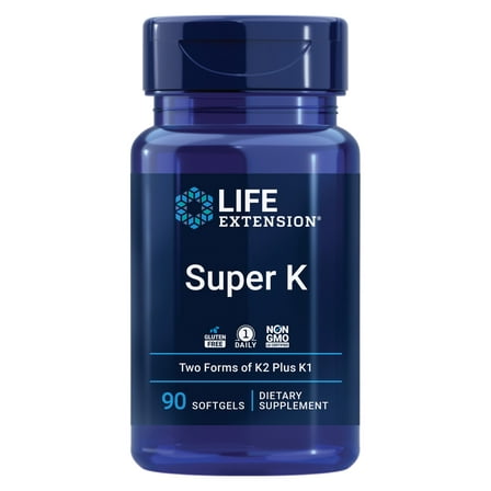 Life Extension Super K, vitamin K1, vitamin K2 mk-7, vitamin K2 mk-4, heart health, arterial health, calcium balance, 3-month supply, Gluten-Free, 1 Daily, Non-GMO, 90 softgels