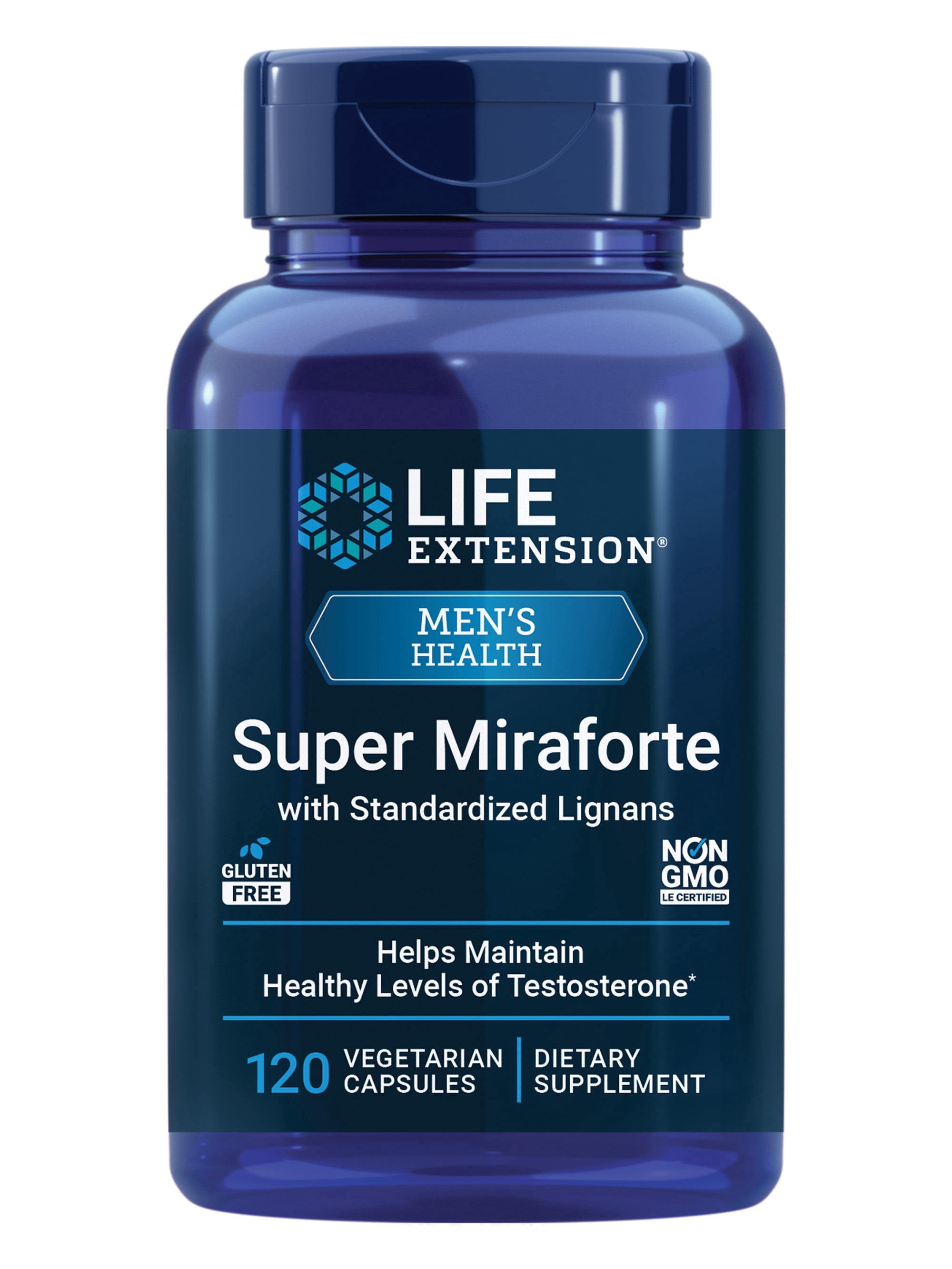 Life Extension Super Miraforte with Standardized Lignans, chrysin, nettle root, muira puama, maca, zinc, focused formula for testosterone benefits, vegetarian, gluten-free, non-GMO, 120 capsules