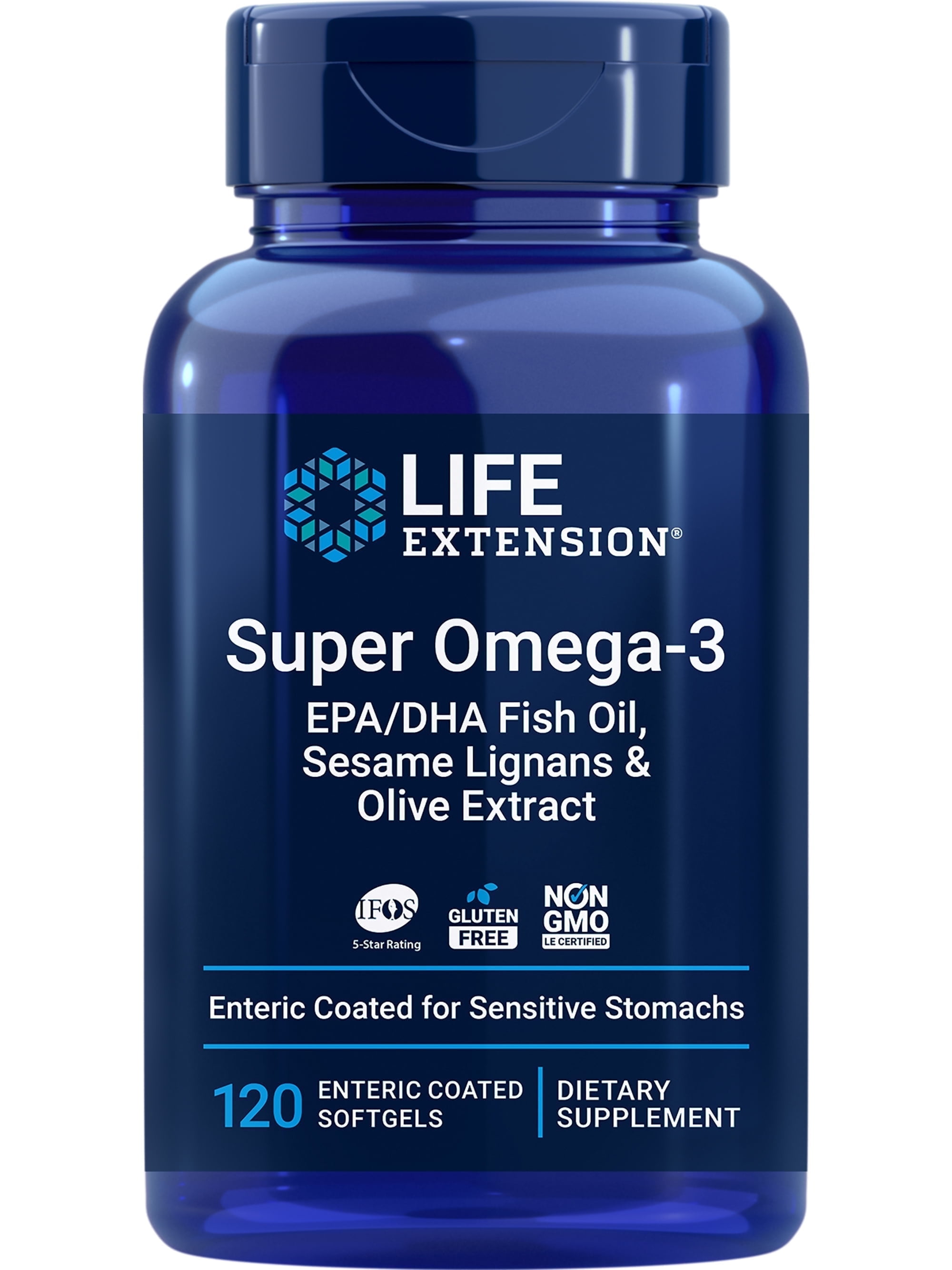 Life Extension Super Omega-3 EPA/DHA Fish Oil, Sesame Lignans & Olive Extract Heart Health, Brain Health, Inflammation Health Support, Gluten-Free, Enteric-Coated, Non-GMO, 120 Softgels