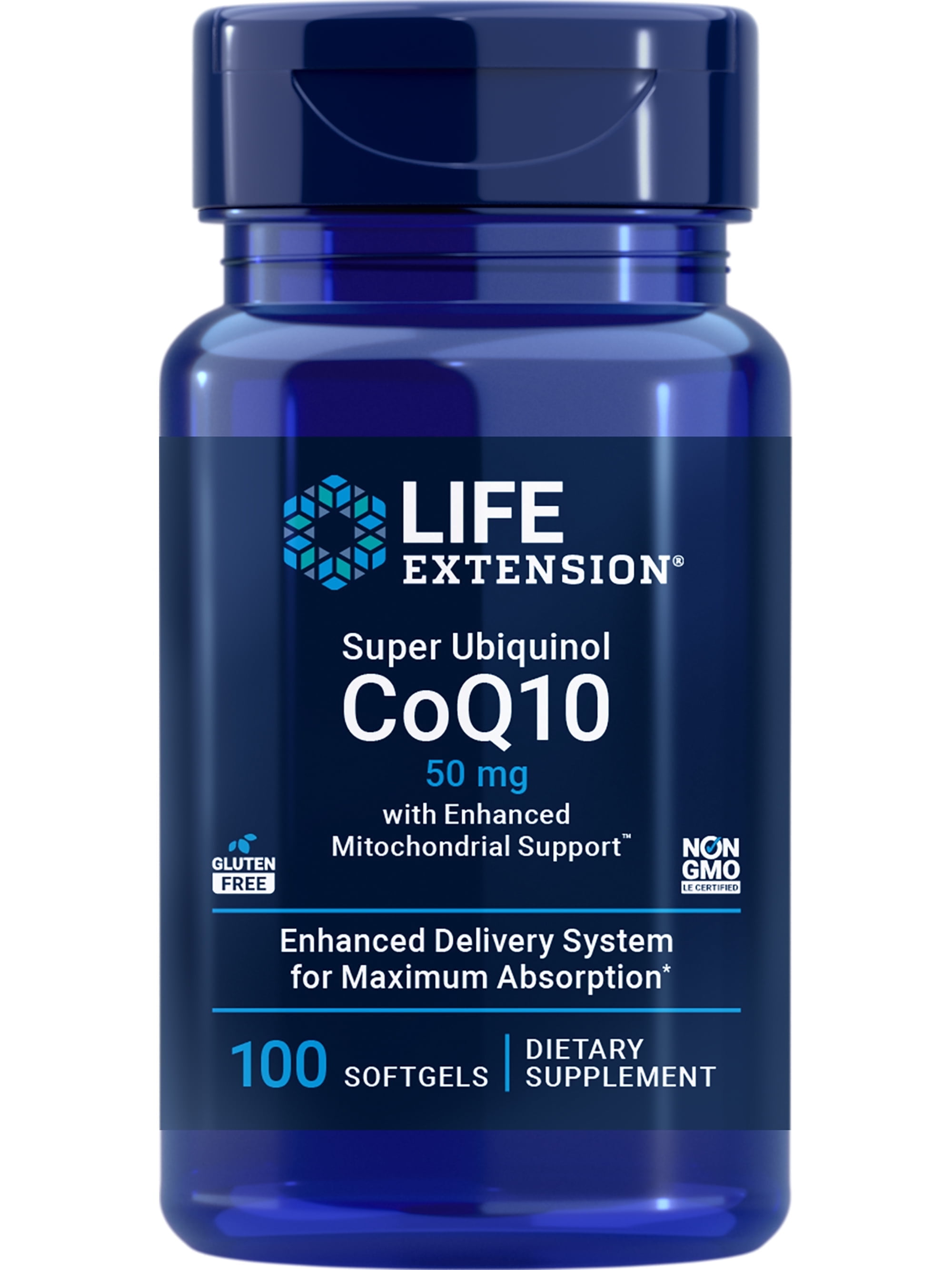 Life Extension Super Ubiquinol CoQ10 50mg with Enhanced Mitochondrial Support  Coenzyme Q10 Supplement For Heart, Brain Health, Energy Support Supplement  Gluten-Free, Non-GMO  100 Softgels