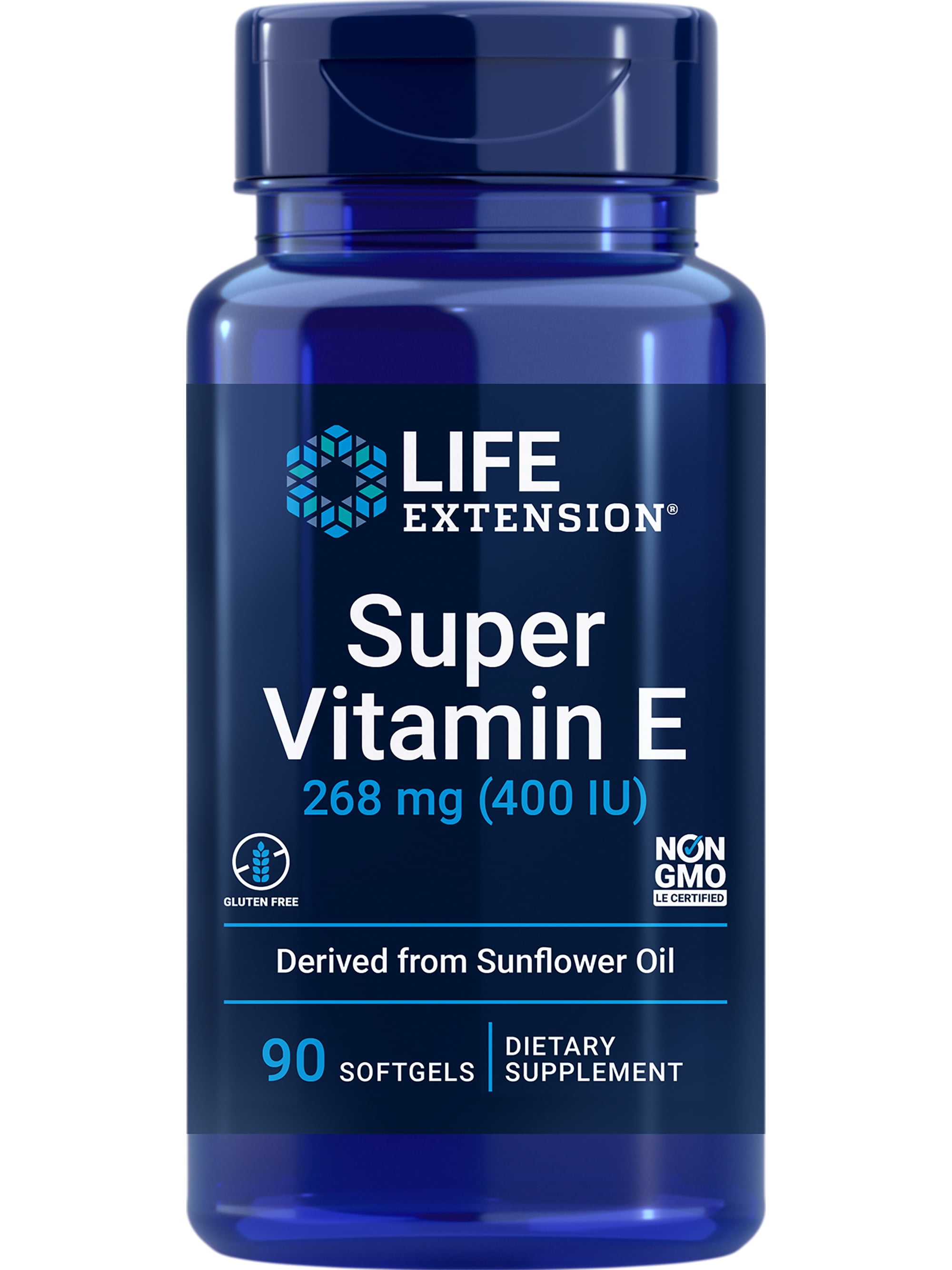 Life Extension Super Vitamin E, 268 mg (400 IU) - Non-synthetic vitamin E supplement promotes whole-body health - Gluten-Free, Non-GMO - 90 Softgels