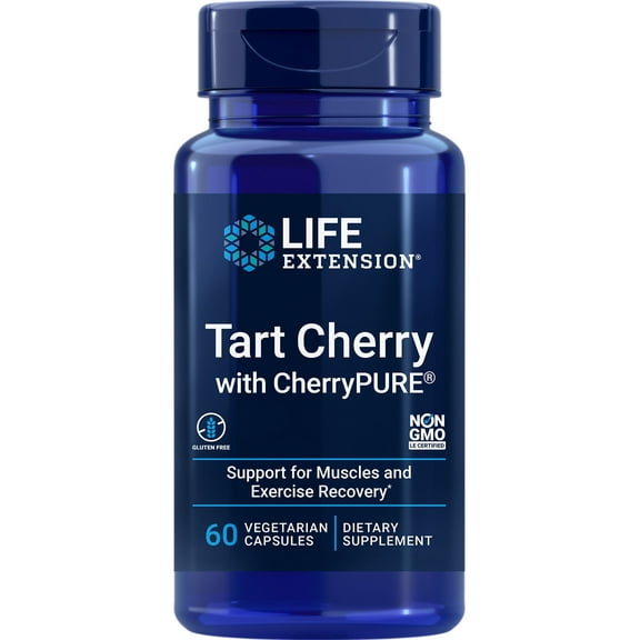 Life Extension Tart Cherry with CherryPURE, anthocyanins, oxidative stress, muscle recovery, exercise support, muscle comfort, vegetarian, gluten-free, non-GMO, 60 capsules
