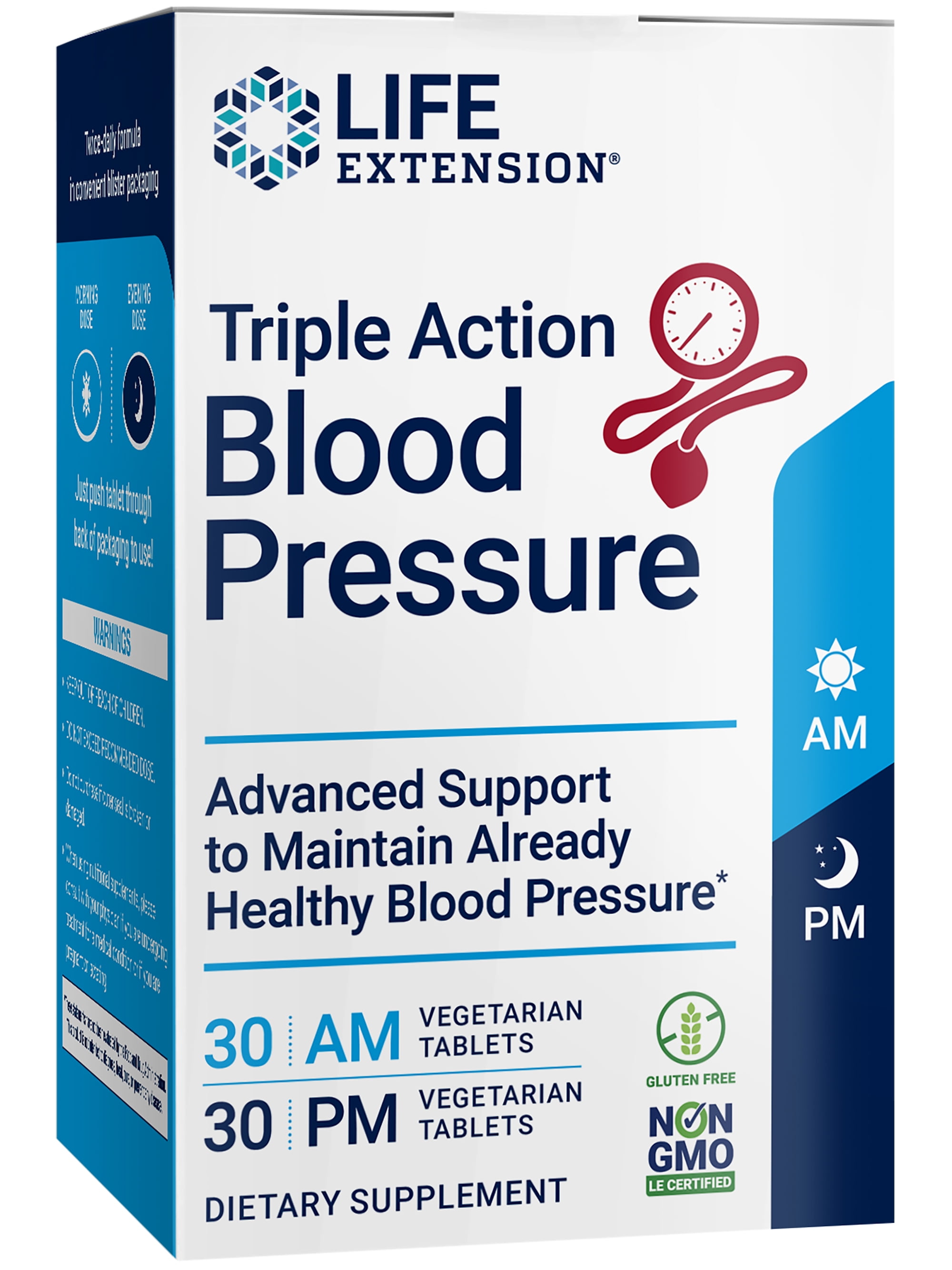 Life Extension Triple Action Blood Pressure - Healthy blood pressure support, flavonoid, quercetin - Gluten-Free, Non-GMO - 30 AM Vegetarian Tablets, 30 PM Vegetarian Tablets