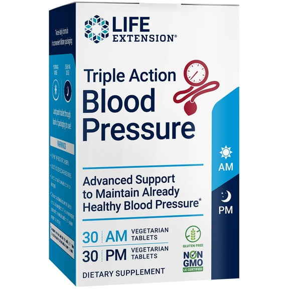 Life Extension Triple Action Blood Pressure - Healthy blood pressure support, flavonoid, quercetin - Gluten-Free, Non-GMO - 30 AM Vegetarian Tablets, 30 PM Vegetarian Tablets