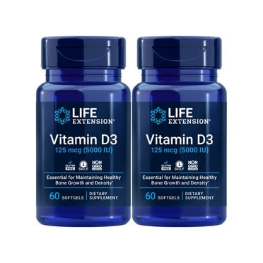 Life Extension Vitamin D3 125 mcg (5000 IU) - Promotes Bone Health, Brain Health & Immune Function - Non-GMO, Gluten-free - Two Pack - 2 x 60 Softgels