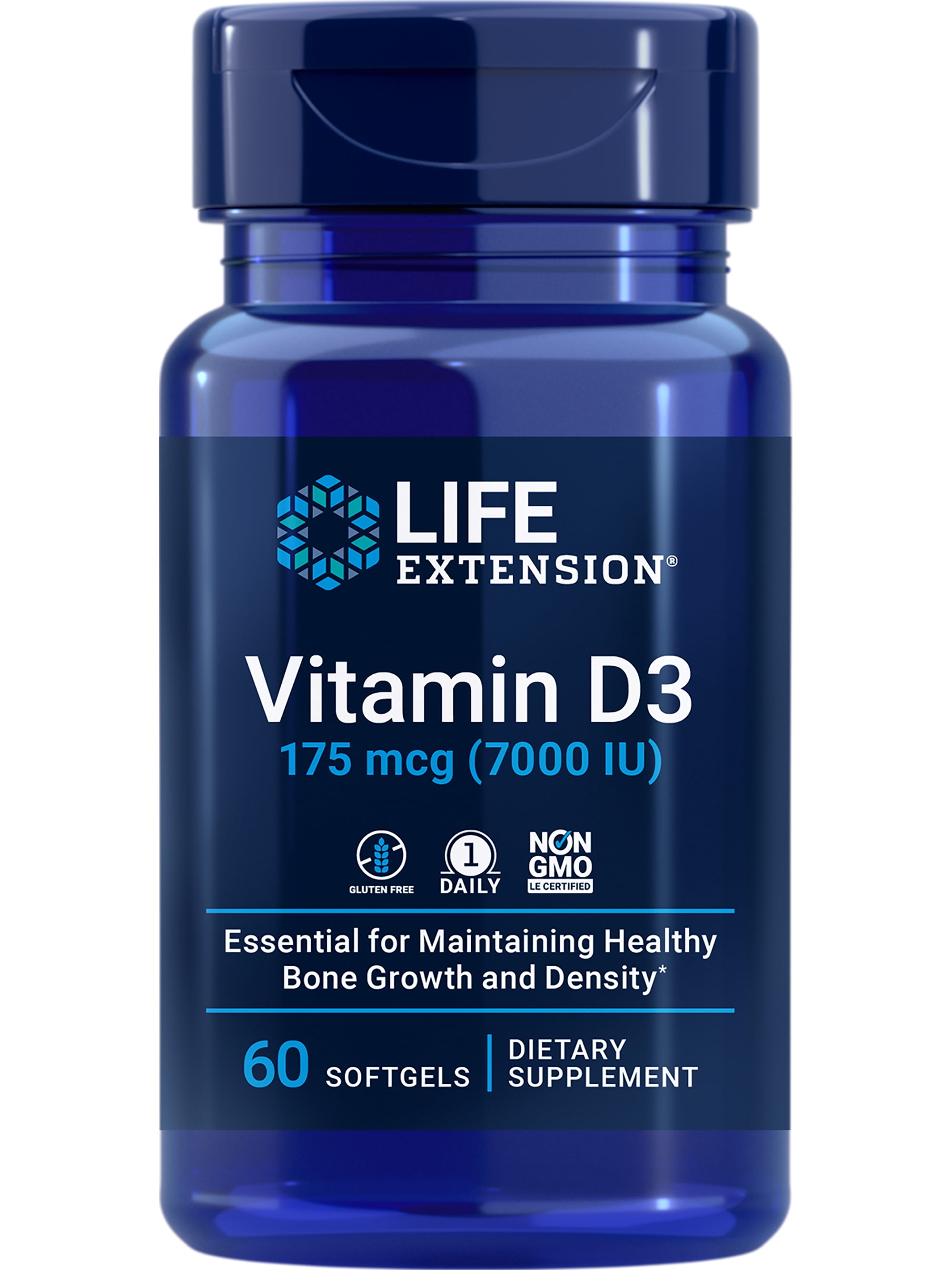 Life Extension Vitamin D3 175 mcg (7000 IU), immune system support, bone health, brain performance, gluten-free, non-GMO, once daily, two-month supply, 60 softgels