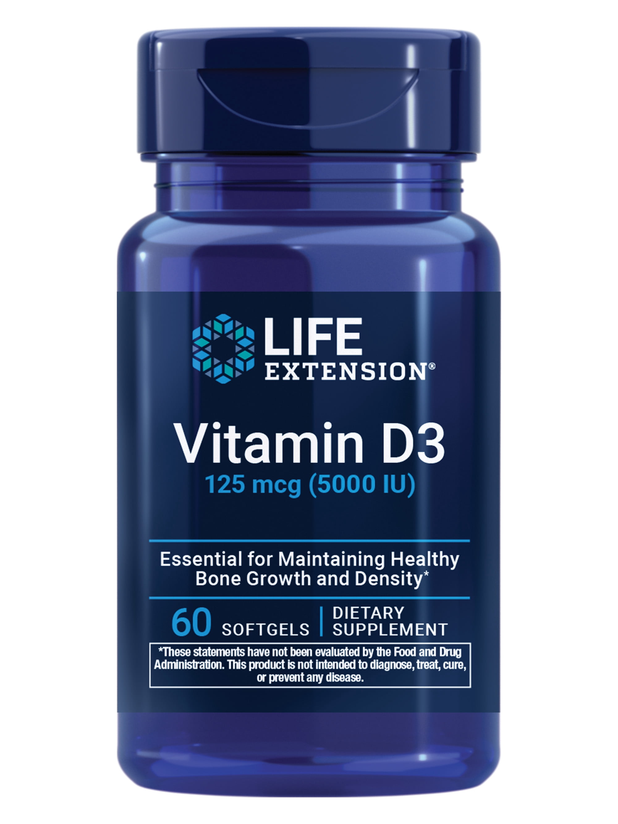 Life Extension Vitamin D3 125 mcg (5000 IU), bone health, brain performance, immune system support, gluten-free, Non-GMO, once daily, 60 softgels