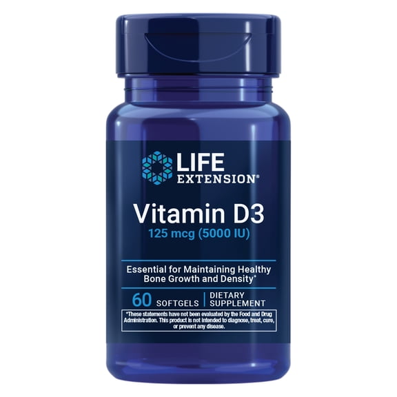 Life Extension Vitamin D3 125 mcg (5000 IU), bone health, brain performance, immune system support, gluten-free, Non-GMO, once daily, 60 softgels