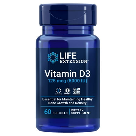 Life Extension Vitamin D3 125 mcg 5000 IU, gluten-free, Non-GMO, once daily, 60 softgels
