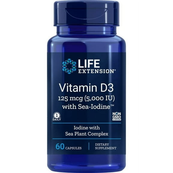Life Extension Vitamin D3 with Sea-Iodine, 125 mcg (5000 IU) Immune Support, Bone Health, Thyroid Health 1 Daily, Gluten-Free, Non-GMO 60 Capsules
