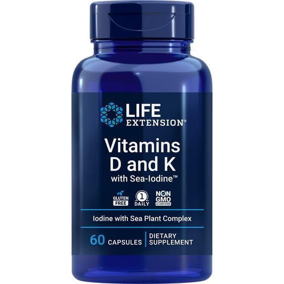 Life Extension®, Vitamins D and K with Sea-Iodine™, 5000 IU vitamin D, 2100 mcg K1, K2, 1000 mcg iodine, 60 capsules