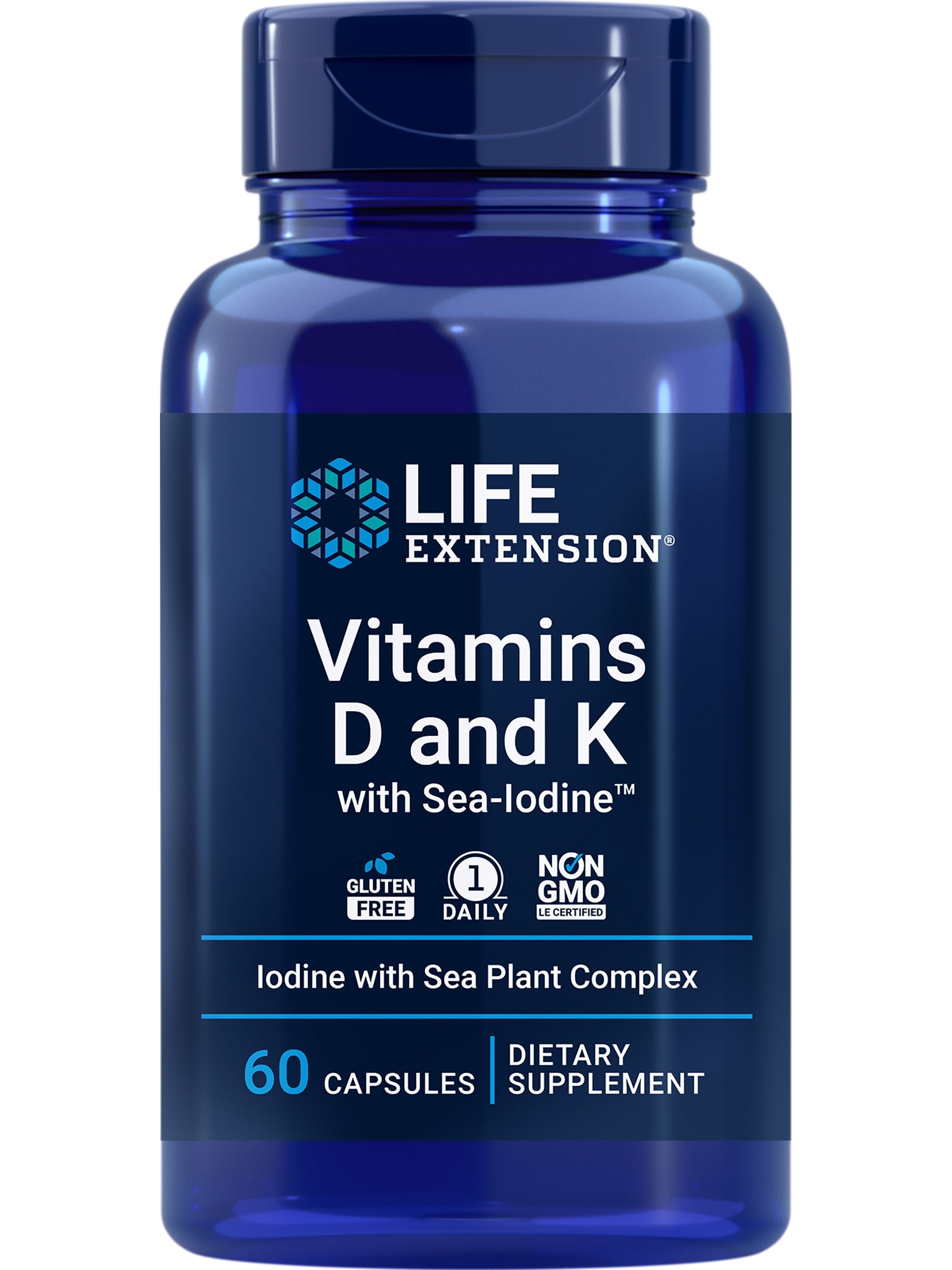 Life Extension Vitamins D and K with Sea-Iodine, vitamin D3, vitamin K1 and K2, iodine, supports immune, bone, arterial and thyroid health, non-GMO, gluten-free, 60 capsules