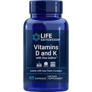 Life Extension Vitamins D and K with Sea-Iodine, vitamin D3, vitamin K1 and K2, iodine, supports immune, bone, arterial and thyroid health, non-GMO, gluten-free, 60 capsules