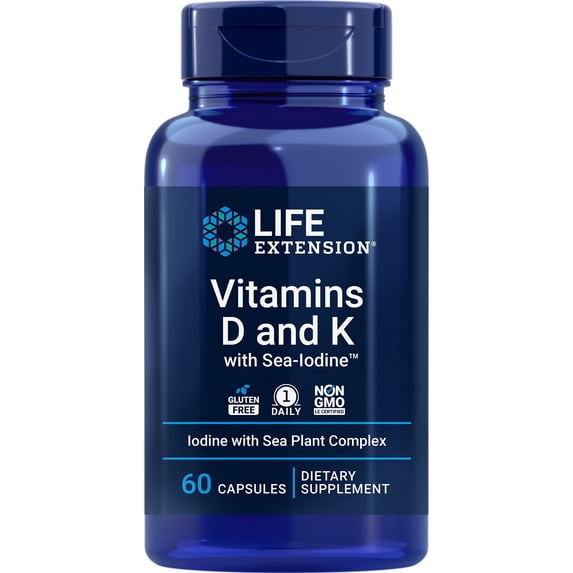 Life Extension®, Vitamins D and K with Sea-Iodine™, 5000 IU vitamin D, 2100 mcg K1, K2, 1000 mcg iodine, 60 capsules