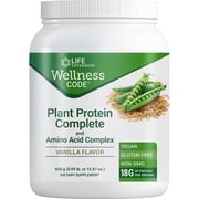 Life Extension Wellness Code  Plant Protein Complete & Amino Acid Complex Vanilla, plant-based protein powder plus branched-chain amino acids, gluten-free, non-GMO, vegetarian, 450 grams