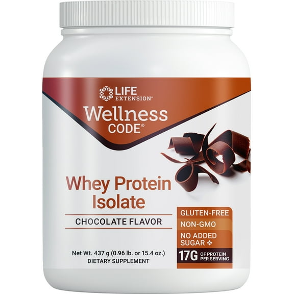 Life Extension Wellness Code Whey Protein Isolate (Chocolate), protein and branched-chain amino acids for muscle growth & immune health, no sugar added, gluten free, non-GMO, 437 grams, 20 servings