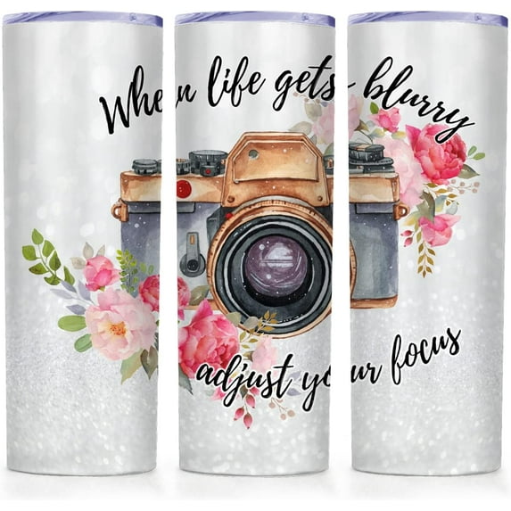 When Life Gets Blurry Adjust Your Focus Skinny Tumbler,Insulated Double Wall 20 oz with Lid,Travel Mug for Hot & Cold Drinks Tea,Unique Photographer Camera Motivational gift for Women