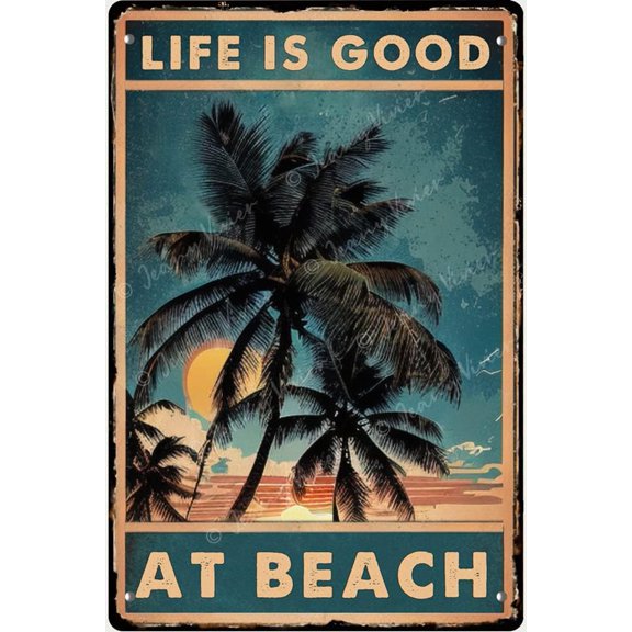 Life is Good at Beach Tin Sign, Summer Wall Decor, Motivational Quote Sign, Palm Decor, Beach House Decor For The Home,Gift for Friends,Boss,Co-Worker, Beach Office Decor 5.5x8 Inches