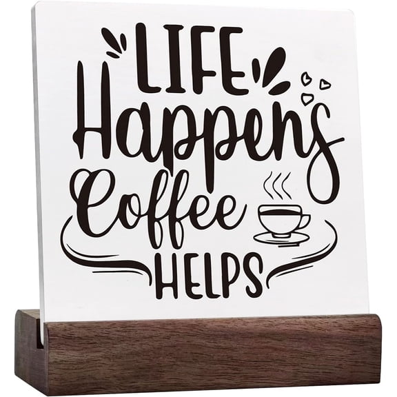 Life Happens Coffee Helps Sign Desk Decor,Funny Coffee Queto Ceramic Desk Plaque Sign Desk Decorations For Home Kitchen Office Coffee Bar Man Cave Shelf Table Decor