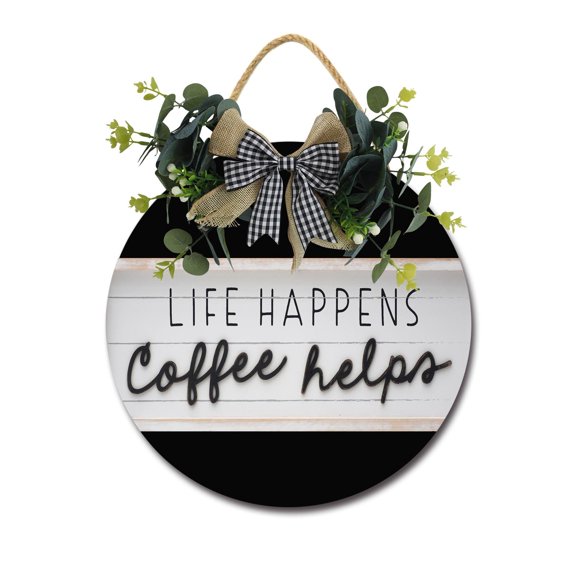 Life Happens Coffee Helps Sign Farmhouse Wood Sign Front Porch Decor Rustic Wooden Sign Wall Decor Hanging Wooden Decorations with Bow-Knot for Home Porch Wall Door, 11 x 11 inch