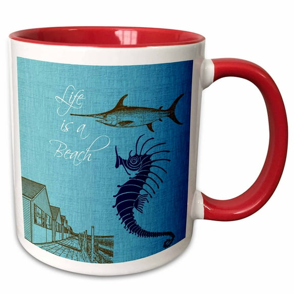 3drose, Life Is a Beach Cottages with Fish and Seahorse Beach Theme, 11oz Two-tone Red Mug