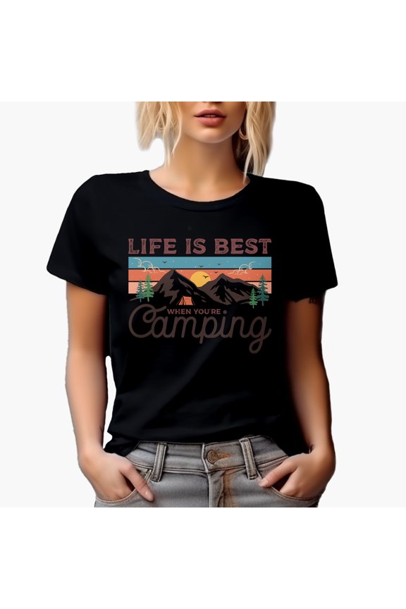Life Is Best When You're Camping, Vintage Mountains Art, Camper Merch Gift, Black T-Shirt, Small