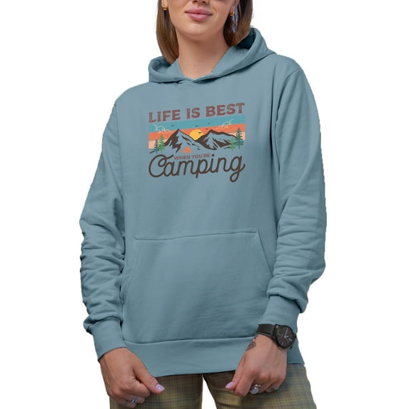 Life Is Best When You're Camping, Vintage Mountains Art Merch Gift, Light Blue Hooded Sweatshirt or Hoodie, 3XL