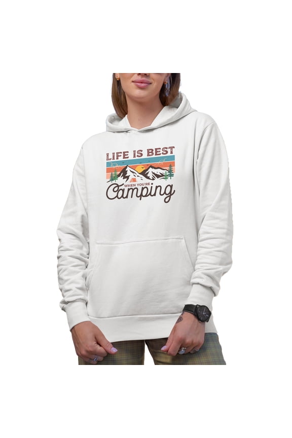 Life Is Best When You're Camping, Vintage Mountains Art Merch Gift, White Hooded Sweatshirt or Hoodie, 2XL