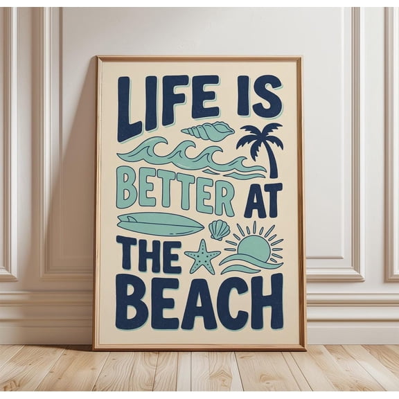 Life Is Better At The Beach Coastal Surfboard Palm Tree Wave Art Unframed Paper Print